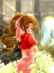 Rule 34 | 00s, 1990s (style), 1girl, aerith gainsborough, bababa000, bracelet, brown hair, church, cropped jacket, dress, final fantasy, final fantasy vii, final fantasy vii advent children, flower, green eyes, hair ribbon, highres, jewelry, kaito azuma, long dress, long hair, md5 mismatch, pink dress, ponytail, retro artstyle, ribbon, solo, stained glass