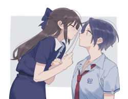 Rule 34 | 2girls, age difference, ahn, blue dress, blue hair, blue shirt, blush, brown hair, child, closed eyes, closed mouth, collar, collared shirt, commentary request, dress, ear piercing, earrings, embarrassed, from side, grey background, hair between eyes, hand on own chest, hayami kanade, highres, holding, holding paper, idolmaster, idolmaster cinderella girls, jewelry, long hair, looking at another, multiple girls, necktie, onee-loli, paper, pendant, piercing, red neckwear, shirt, short hair, short sleeves, sidelocks, simple background, sweat, tachibana arisu, uniform, upper body, white background, white shirt, yellow eyes, yuri