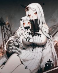 Rule 34 | 2girls, abyssal ship, age difference, bare shoulders, blush, breasts, brown eyes, child, claws, colored skin, detached sleeves, dress, fire, grabbing, grabbing another&#039;s breast, highres, horns, huge breasts, kantai collection, long hair, looking at viewer, mittens, multiple girls, northern ocean princess, onee-loli, redrawn, ribbed dress, seaport princess, short dress, sideboob, single horn, size difference, smoke, terupancake, twitter username, very long hair, white dress, white hair, white skin, wide sleeves, yuri