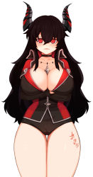 Rule 34 | 1girl, absurdres, bad id, bad pixiv id, black choker, black hair, black jacket, black shorts, body writing, breast hold, breasts, cameltoe, choker, cleavage, closed mouth, collarbone, collared jacket, commentary request, cowboy shot, crossed arms, demon girl, hair between eyes, highres, horns, jacket, large breasts, legs together, long hair, long sleeves, looking at viewer, original, red eyes, secretbusiness, shorts, simple background, skindentation, solo, standing, very long hair, white background