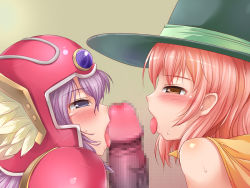 Rule 34 | 2girls, blush, censored, chunsoft, dragon quest, dragon quest iii, enix, fellatio, group sex, heart dorobow, highres, interspecies, mage (dq3), multiple girls, oral, soldier (dq3), teamwork, tongue, tongue out