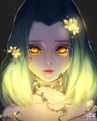 Rule 34 | 1girl, absurdres, artist name, hair ornament, highres, leaf hair ornament, lipstick, long hair, looking at viewer, makeup, original, plant, solo, upper body, vines, yellow eyes, yido (yidoarts)