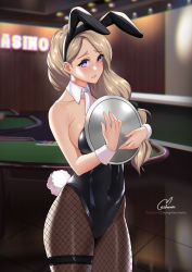 Rule 34 | 1girl, animal ears, bare shoulders, blonde hair, blue eyes, breasts, bridal garter, casino, chungmechanic, collarbone, covered navel, cowboy shot, detached collar, eyelashes, fake animal ears, fire emblem, fire emblem: three houses, fishnet pantyhose, fishnets, hair over shoulder, headband, highres, holding, indoors, large breasts, leotard, long hair, looking at viewer, mercedes von martritz, nintendo, pantyhose, playboy bunny, rabbit ears, rabbit tail, sideboob, solo, standing, tail, tray, wrist cuffs