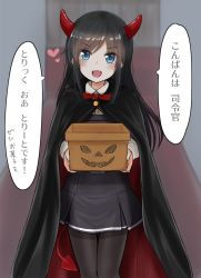 Rule 34 | &gt;:d, 1girl, :d, black hair, black pantyhose, blue eyes, box, calicchio23, character request, cloak, commentary, demon tail, dress, eyes visible through hair, fangs, halloween costume, heart, highres, holding, holding box, horns, jack-o&#039;-lantern, kantai collection, long hair, looking at viewer, open mouth, pantyhose, pinafore dress, sleeveless dress, smile, solo, tail, translated, trick or treat, v-shaped eyebrows