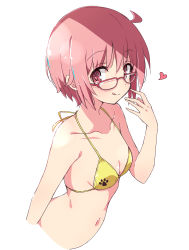Rule 34 | 1girl, :q, bikini, breasts, collarbone, commentary request, glasses, heart, highres, looking at viewer, mel (melty pot), navel, nonohara yuzuko, pink eyes, pink hair, red-framed eyewear, short hair, simple background, small breasts, solo, swimsuit, tongue, tongue out, white background, yellow bikini, yuyushiki