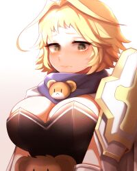 Rule 34 | 1girl, absurdres, ahoge, armor, blonde hair, blush, breasts, cape, character request, cleavage, closed mouth, dungeon and fighter, gauntlets, green eyes, hair intakes, highres, holding, hwaryeok, large breasts, leotard, looking at viewer, pauldrons, purple scarf, scarf, short hair, shoulder armor, shoulder pads, simple background, solo, strapless, strapless leotard, stuffed animal, stuffed toy, teddy bear, upper body, white background