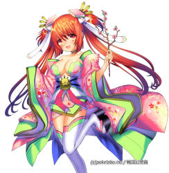 Rule 34 | 1girl, branch, character request, floral print, flower, fuji minako, japanese clothes, long hair, long sleeves, looking at viewer, official art, red eyes, red hair, sandals, sengoku gensoukyoku, solo, thighhighs, twintails, watermark, white background, white thighhighs