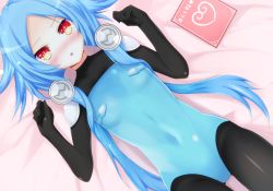 Rule 34 | 1girl, bed, bed sheet, blanc (neptunia), blue hair, blush, bodysuit, breasts, covered navel, female focus, hair ornament, hands up, haru blanc0316, hat, highres, looking at viewer, lying, neptune (series), next white, on back, on bed, red eyes, shin jigen game neptune vii, short hair with long locks, sidelocks, skin tight, small breasts, solo, sparkle, symbol-shaped pupils, white heart (neptune)