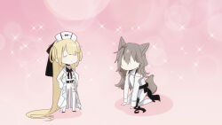 Rule 34 | 1boy, 1girl, absurdly long hair, anime coloring, bishie sparkle, black choker, blonde hair, brooch, bubble, chibi, choker, closed eyes, coat, couple, faceless, faceless male, fake screenshot, full body, hat, highres, jewelry, kneeling, long hair, msa (fary white), nurse, nurse cap, open clothes, open coat, original, pants, pink background, shirt, shorts, sparkle, thighhighs, very long hair, white coat, white headwear, white pants, white shirt, white shorts, white thighhighs