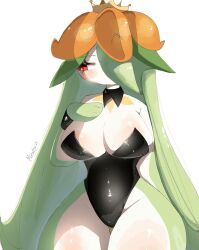 Rule 34 | blush, bracelet, breasts, cleavage, collar, colored skin, creatures (company), crown, flower, flower on head, game freak, gen 5 pokemon, green hair, green skin, hand on own chest, highres, jewelry, large breasts, leaves on hair, leotard, lilligant, long hair, looking to the side, mikatsu27, monster girl, multicolored skin, nintendo, one eye covered, plant girl, playboy bunny, pokemon, pokemon (creature), red eyes, sideboob, thick thighs, thighs, very long hair, white skin, wide hips