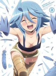 Rule 34 | 10s, 1girl, blush, breasts, downblouse, covered erect nipples, closed eyes, harpy, highres, leaning forward, monster girl, monster musume no iru nichijou, navel, official art, open mouth, papi (monster musume), short hair, small breasts, smile, solo, wings