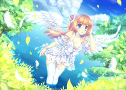 Rule 34 | 1girl, angel wings, bare shoulders, blonde hair, blue eyes, cloud, day, detached sleeves, dress, feathers, frills, garter straps, leaf, legs together, long hair, miyu (botan), open mouth, original, ribbon, skirt, solo, thighhighs, wading, water, white dress, white skirt, white thighhighs, wings