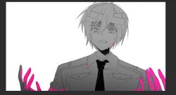 Rule 34 | 1boy, ahoge, bags under eyes, bandaged head, bandages, black border, blood, blood on clothes, blood on face, blood on hands, border, clenched teeth, collared shirt, commentary request, danganronpa (series), danganronpa another, greyscale, hair between eyes, hands up, hrdrifter, kinjou tsurugi, long sleeves, looking at viewer, male focus, monochrome, necktie, nervous sweating, pink blood, pocket, police, police uniform, scared, shaded face, shirt, short hair, simple background, solo, spoilers, spot color, sweat, teeth, uniform, upper body, white background