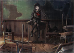 Rule 34 | 1girl, abandoned, absurdres, black eyes, black hair, black pantyhose, black serafuku, black skirt, border, chair, chalkboard, classroom, commentary request, desk, expressionless, floating hair, happa de happy, highres, hole in wall, indoors, lectern, loafers, long hair, long sleeves, looking at viewer, neckerchief, nijisanji, official alternate costume, pale skin, pantyhose, pleated skirt, red neckerchief, school chair, school desk, school uniform, serafuku, shoes, sidelighting, sidelocks, sitting, sitting on object, skirt, solo, tsukino mito, tsukino mito (5th costume), virtual youtuber, wide shot, wooden floor