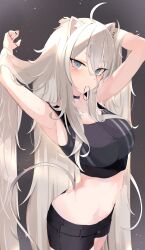 Rule 34 | 1girl, adjusting hair, ahoge, animal ears, armpits, arms up, ass, black background, black bra, black choker, black nails, black shorts, blush, bra, breasts, butt crack, choker, cleavage, closed mouth, commentary, cowboy shot, downpants, ear piercing, from side, grey eyes, grey hair, groin, hair between eyes, hair tie in mouth, hands in hair, highres, hololive, large breasts, lion ears, lion girl, lion tail, long hair, looking at viewer, mouth hold, nail polish, navel, official alternate costume, piercing, puu 02 10, shishiro botan, shishiro botan (button-down), short shorts, shorts, simple background, solo, sports bra, standing, stomach, tail, underwear, very long hair, virtual youtuber