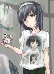 Rule 34 | 10s, 1girl, angry, black eyes, black hair, black neckerchief, black shorts, blouse, blunt bangs, blurry, blurry background, bob cut, casual, character print, clock, clothes writing, commentary, cowboy shot, frown, girls und panzer, goripan, green skirt, hairband, hands on own hips, head tilt, highres, holding, indoors, long hair, looking at viewer, messy hair, neckerchief, ooarai school uniform, open mouth, parted lips, pleated skirt, print shirt, recursion, reizei mako, school uniform, serafuku, shirt, short hair, short sleeves, shorts, sketch, skirt, solo, sono midoriko, standing, t-shirt, white hairband, white shirt