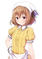Rule 34 | 1girl, apron, blend s, breasts, brown hair, dress, gloves, half-closed eyes, hand on own hip, hoshikawa mafuyu, looking to the side, maid, maid headdress, matokechi, puffy sleeves, purple eyes, short hair, simple background, small breasts, solo, waitress, white background