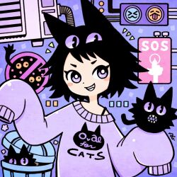 Rule 34 | 1girl, :d, animal, animal ears, animal print, black cat, black hair, blush stickers, bright pupils, cat, cat ears, cat print, clothes writing, commentary, dot mouth, emoji, extra eyes, fang, garouma, grin, hands up, highres, holding, holding animal, holding cat, long sleeves, notice lines, open mouth, original, purple background, purple eyes, purple sweater, short hair, signature, single bare shoulder, sleeves past fingers, sleeves past wrists, smile, solo, sweater, symbol-only commentary, trash can, upper body, white pupils