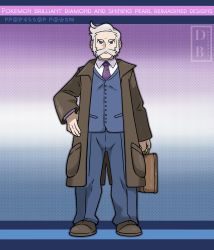 Rule 34 | 1boy, blue jacket, blue pants, brown bag, brown coat, brown footwear, buttons, closed mouth, coat, collared shirt, copyright name, creatures (company), dreambig, facial hair, game freak, grey eyes, grey hair, hand on own hip, highres, holding, jacket, long sleeves, looking at viewer, male focus, mustache, necktie, nintendo, open clothes, open coat, outline, pants, pokemon, pokemon bdsp, purple necktie, rowan (pokemon), shirt, shoes, short hair, standing, watermark, white shirt