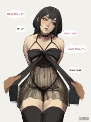 Rule 34 | 1girl, 1other, arms behind back, artist name, babydoll, black collar, black hair, black panties, black ribbon, black thighhighs, blush, breasts, collar, commentary, disembodied limb, dough (doughnath), english text, green eyes, head tilt, highres, medium breasts, navel, original, panties, ribbon, signature, solo focus, thighhighs, thighs, underwear, wide hips