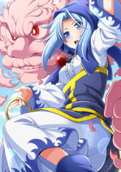 Rule 34 | 1girl, arm up, blue capelet, blue eyes, blue footwear, blue hair, blue hood, breasts, capelet, center frills, cloud, commentary request, dress, eichi yuu, eyelashes, frills, gold trim, highres, holding, holding jewelry, holding ring, hood, hood up, jewelry, kesa, kumoi ichirin, large breasts, long sleeves, looking at viewer, nun, open mouth, over shoulder, ring, sidelocks, single strap, touhou, unzan, white dress, wide sleeves