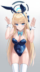 Rule 34 | 1girl, absurdres, animal ears, blonde hair, blue archive, blue bow, blue bowtie, blue eyes, blue halo, blue leotard, blush, bow, bowtie, braid, breasts, cleavage, closed mouth, cowboy shot, detached collar, earpiece, fake animal ears, gradient background, halo, highres, korean commentary, leotard, long hair, looking at viewer, ly 7317, medium breasts, official alternate costume, rabbit ears, solo, strapless, strapless leotard, thighhighs, toki (blue archive), toki (bunny) (blue archive), white thighhighs, wrist cuffs