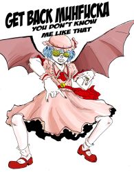 Rule 34 | 1girl, \m/, ascot, bat wings, dollar sign, dress, drsunshine, english text, female focus, hat, jewelry, light purple hair, nail polish, necklace, profanity, remilia scarlet, ring, short hair, shutter shades, solo, touhou, wings, wrist cuffs