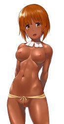 Rule 34 | 10s, 1girl, arms behind back, breasts, breasts apart, brown eyes, brown hair, collarbone, commentary, cowboy shot, dark-skinned female, dark skin, fundoshi, girls und panzer, gluteal fold, groin, highres, inverted nipples, japanese clothes, jewelry, looking at viewer, medium breasts, navel, necklace, nipples, nishizumi miho, open mouth, shiny skin, short hair, smile, solo, standing, thigh gap, topless, uncensored, underwear, wa (genryusui), white background