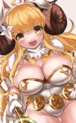 Rule 34 | 1girl, :d, absurdres, anila (granblue fantasy), animal ears, belly chain, blonde hair, blunt bangs, blush, breasts, cape, cleavage, draph, dutch angle, fake animal ears, flower, gloves, gluteal fold, gold trim, granblue fantasy, groin, hair flower, hair ornament, highres, horns, jewelry, large breasts, leotard, long hair, magic, maou (maoudaisukiya), open mouth, rabbit ears, sage (granblue fantasy), sheep horns, short eyebrows, simple background, sketch, smile, solo, staff, very long hair, white background, white gloves, yellow eyes
