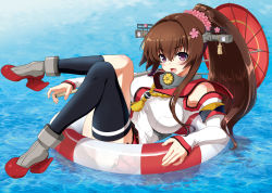 Rule 34 | 10s, 1girl, afloat, bare shoulders, breasts, brown hair, cherry blossoms, detached sleeves, floating hair, hair ornament, innertube, kantai collection, large breasts, long hair, oil-paper umbrella, open mouth, partially submerged, ponytail, purple eyes, smile, solo, swim ring, umbrella, uran (uran-factory), yamato (kancolle)
