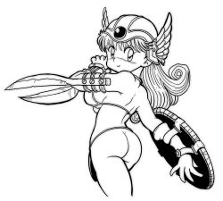 Rule 34 | 1girl, armor, ass, bikini armor, blush, breasts, dragon quest, dragon quest iii, from behind, helmet, large breasts, long hair, looking at viewer, looking back, monochrome, saiwai hiroshi, shield, smile, soldier (dq3), square enix, standing, sword, weapon, winged helmet, wristband