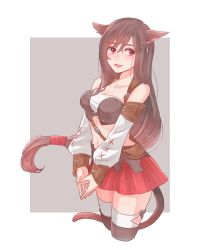 Rule 34 | 1girl, animal ears, bare shoulders, black hair, breasts, cat ears, cat girl, cat tail, cleavage, collarbone, cosplay, cropped legs, detached sleeves, earrings, final fantasy, final fantasy vii, final fantasy xiv, fingers together, hair between eyes, highres, jewelry, kemonomimi mode, long hair, long sleeves, low-tied long hair, medium breasts, miniskirt, miqo&#039;te, miqo&#039;te (cosplay), navel, open mouth, pink eyes, puffy long sleeves, puffy sleeves, red skirt, skirt, smile, solo, tail, thighhighs, tifa lockhart, toufu (toufu 53), very long hair, white thighhighs