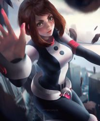 Rule 34 | 10s, 1girl, bodysuit, boku no hero academia, breasts, bridge, brown eyes, brown hair, building, carlos miguel, city, cityscape, commentary, cowboy shot, debris, floating, freckles, highres, looking at viewer, medium breasts, outstretched hand, parted lips, reaching, reaching towards viewer, river, short hair, sidelocks, skin tight, sky, skyscraper, solo, uraraka ochako