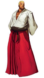 Rule 34 | 1boy, belt, blonde hair, dougi, fatal fury, full body, geese howard, hakama, hakama skirt, highres, japanese clothes, male focus, martial arts belt, muscular, nona, official art, red hakama, simple background, skirt, snk, solo, the king of fighters, the king of fighters 2002, white background