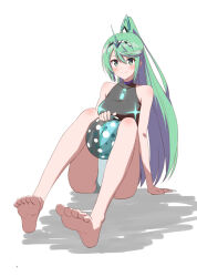 Rule 34 | 1girl, arm support, ball, barefoot, beachball, between legs, blush, breasts, chest jewel, closed mouth, commentary request, competition swimsuit, eyelashes, feet, foreshortening, full body, green eyes, green hair, hairband, headpiece, high ponytail, kageyasu, knees up, large breasts, legs, long legs, looking at viewer, official alternate costume, one-piece swimsuit, pneuma (xenoblade), ponytail, shadow, sidelocks, simple background, sitting, soles, solo, swept bangs, swimsuit, thighs, tiara, toes, white background, xenoblade chronicles (series), xenoblade chronicles 2