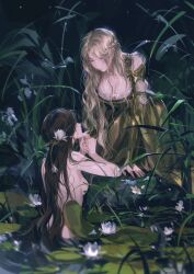 Rule 34 | 2girls, black hair, blonde hair, braid, breasts, bridal gauntlets, cleavage, commentary, crown braid, dress, flower, green dress, hair flower, hair ornament, highres, holding hands, kneeling, large breasts, lily pad, long hair, long sleeves, looking at another, lotus, lotus hair ornament, lotus leaf, medium breasts, multiple girls, nude, original, outdoors, parted lips, partially submerged, plant, pond, rrr (reason), sideboob, sketch, symbol-only commentary, water, wavy hair, white lotus