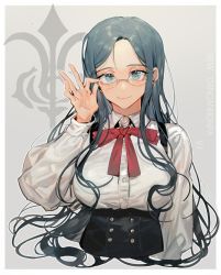 Rule 34 | 1girl, adjusting eyewear, arm at side, black corset, blue eyes, blue hair, bow, bowtie, chinese commentary, closed mouth, collared shirt, commentary request, copyright name, corset, danganronpa (series), danganronpa v3: killing harmony, forehead, hand up, highres, lips, long hair, long sleeves, looking at viewer, parted bangs, red bow, red bowtie, rimless eyewear, shirogane tsumugi, shirt, sidelocks, sleeve cuffs, smile, solo, tian (my dear), upper body, very long hair, wavy hair, white shirt