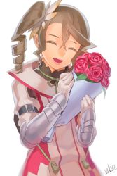 Rule 34 | 10s, 1girl, :d, alisha diphda, artist name, bouquet, brown hair, drill hair, closed eyes, flower, gauntlets, long hair, open mouth, rose, side drill, simple background, smile, solo, tales of (series), tales of zestiria, ubo (ubo tales), white background