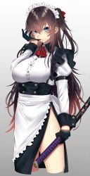 Rule 34 | 1girl, black gloves, blue eyes, breasts, brown hair, gloves, highres, holding, holding sword, holding weapon, large breasts, long hair, looking at viewer, maid, maid headdress, onineko-chan, original, sheath, sheathed, solo, sword, very long hair, weapon
