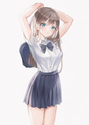 Rule 34 | 1girl, arms up, bag, bare legs, blue bag, blue bow, blue bowtie, blue eyes, blue skirt, blush, bow, bowtie, breasts, brown hair, closed mouth, collared shirt, commentary, feet out of frame, hamong0, highres, holding, holding bag, large breasts, long hair, looking afar, original, pleated skirt, school bag, school uniform, shirt, shirt tucked in, short sleeves, simple background, skirt, solo, white background, white shirt