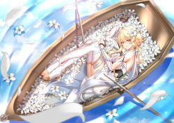 Rule 34 | 1girl, absurdres, armpits, bare shoulders, black gloves, blonde hair, boat, boots, bridal gauntlets, cloud, cloudy sky, crossed legs, detached sleeves, dress, fetal position, fingerless gloves, flower, from above, full body, genshin impact, gloves, gold trim, hair flower, hair ornament, highres, lazy yuanying, legs together, lily (flower), looking at viewer, lumine (genshin impact), lying, oar, on side, orange eyes, parted lips, petals, reflection, ripples, rowboat, short hair, short hair with long locks, sidelocks, single detached sleeve, sky, sleeveless, sleeveless dress, solo, vambraces, water, watercraft, white dress, white flower, white legwear