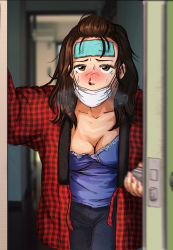 Rule 34 | 1girl, blush, breasts, brown hair, cleavage, cold pack, green eyes, heavy breathing, looking at viewer, mask, mouth mask, original, pii (taromura), plaid, robe, sick, solo, surgical mask, sweat
