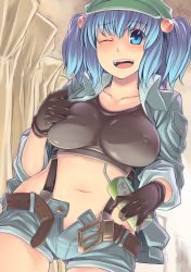 Rule 34 | 1girl, aaru (tenrake chaya), absurdres, belt, blue eyes, blue hair, breasts, buckle, female focus, gloves, hair bobbles, hair ornament, hat, highres, kawashiro nitori, large breasts, matching hair/eyes, midriff, navel, one eye closed, open mouth, short hair, sleeves rolled up, solo, touhou, twintails, two side up, unzipped, wink