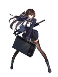 Rule 34 | 1girl, absurdres, assault rifle, black gloves, brown hair, brown thighhighs, counter:side, full body, gloves, green eyes, gun, half updo, highres, holding, holding suitcase, karin wong, long hair, official art, rifle, suitcase, suppressor, thighhighs, transparent background, uniform, weapon