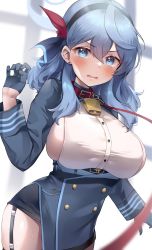 Rule 34 | 1girl, ako (blue archive), bell, blue archive, blue eyes, blue hair, blush, breasts, collar, commentary request, earrings, gloves, hair between eyes, hair ornament, hairband, highres, jewelry, large breasts, looking at viewer, neck bell, open mouth, sideboob, tearing up, thighhighs, uniform, usa b