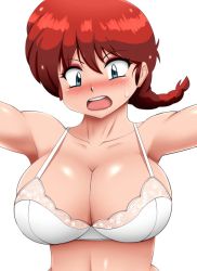 Rule 34 | 1girl, animated, animated gif, blue eyes, blush, bouncing breasts, breasts, cleavage, eyeshadow, huge breasts, makeup, moyashi, ranma-chan, ranma 1/2, red hair, solo