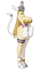 Rule 34 | 1girl, angewomon, animal ears, blonde hair, boots, bowvbell, breasts, buckle, cat ears, cat paws, cat tail, choker, cleavage, covered eyes, digimon, head wings, heart, heart choker, high heels, highres, large breasts, lipstick, long hair, makeup, mittens, navel, paws, simple background, solo, tail, thigh strap, very long hair, wings