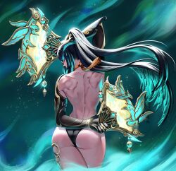 Rule 34 | 1girl, aqua hair, ass, bare back, black hair, cloud retainer (genshin impact), colored inner hair, commentary, commentary request, cowboy shot, folding fan, genshin impact, hand fan, highres, holding, holding fan, lunart, multicolored hair, solo, standing, streaked hair, thighs, xianyun (genshin impact)