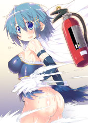 Rule 34 | 1girl, ass, blue eyes, blue hair, blush, bottomless, breasts, cape, fire extinguisher, fortissimo, from behind, gloves, hair ornament, hairclip, kanibasami, looking back, magia record: mahou shoujo madoka magica gaiden, magical girl, mahou shoujo madoka magica, medium breasts, miki sayaka, musical note, musical note hair ornament, no panties, shiny skin, short hair, solo, standing, sweat, thighhighs, torn clothes, white gloves, white thighhighs