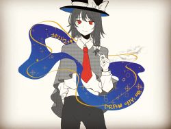 Rule 34 | 1girl, arm behind back, black hair, black pants, bow, capelet, cigarette, closed mouth, collared shirt, cowboy shot, fedora, hat, hat bow, highres, looking at viewer, necktie, ououren, pants, red eyes, red neckwear, shirt, smile, smoke, standing, touhou, usami renko, vignetting, white background, white shirt